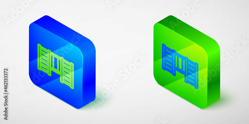 Isometric line Wooden Swedish wall icon isolated on grey background. Swedish stairs. Blue and green square button. Vector