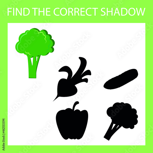 Find a shadow broccoli steam room. Match vegetable with correct shadow Preschool worksheet, kids activity worksheet, printable worksheet