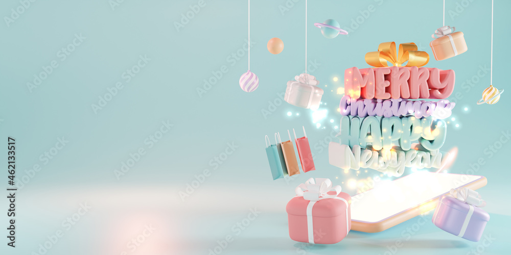 Obraz premium Christmas gift giving concept. Happy new year, Shopping online, 3d rendering.