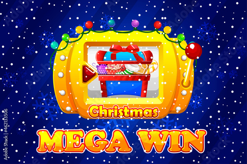 Christmas slot machine, chest with sweets, mega win screen for the game.