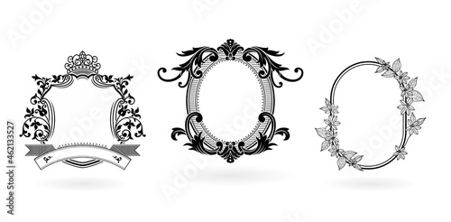 three set of frame and border. Ellipse, shield and oval model elements with monochrome color isolated background, applicable for letterpress, embroidery, invitation, greeting card, and sign label.
