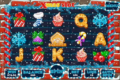 Christmas Slot, game UI interface menu and icons.