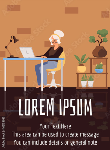 Banner with senior woman using computer technologies, flat vector illustration.