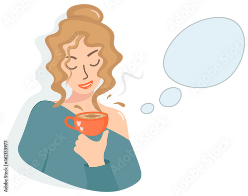 A young ambitious girl tastes coffee. Abstract portrait of a stylish woman with a cup of favorite drink. Vector isolated illustration with place for text. Flat design for a cafe, bars, restaurants