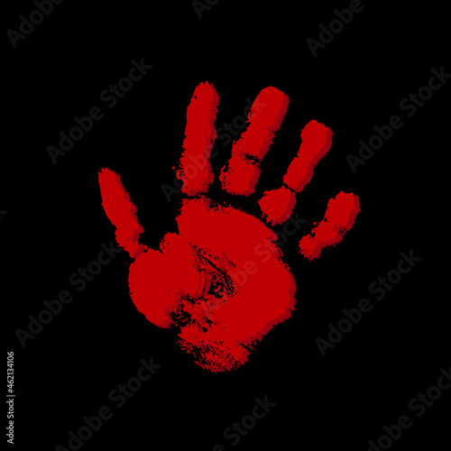 Blood hand print on black background. Red paint mark. Vector hand-drawn illustration