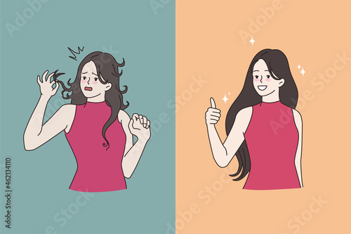 Woman unhappy before and happy after salon hair treatment. Smiling girl client recommend good quality beauty saloon straightening or restoration procedure. Flat vector illustration, cartoon character.