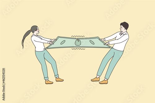 Man and woman tear banknote share budget money in family relationships. Couple spouses property separation. Financial problem concept. Breakup and divorce. Cartoon flat vector illustration.