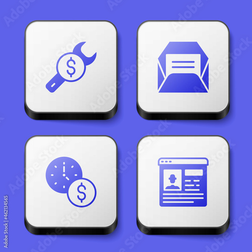 Set Repair price, Envelope, Time is money and Resume icon. White square button. Vector