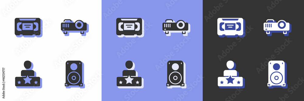 Set Stereo speaker, VHS video cassette tape, Actor star and Movie, film, media projector icon. Vector Set Stereo speaker, VHS video cassette tape, Actor star and Movie, film, media projector icon. Vector