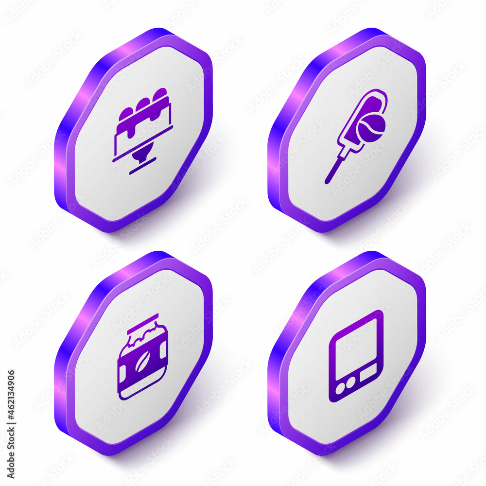 Set Isometric Cake, Spatula with coffee grain, Coffee jar bottle and Electronic scales icon. Purple hexagon button. Vector Set Isometric Cake, Spatula with coffee grain, Coffee jar bottle and Electronic scales icon. Purple hexagon button. Vector