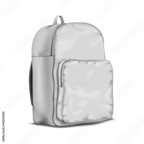 White blank school backpack, realistic vector mockup. Travel bag isolated on white background, mock-up. Template for design