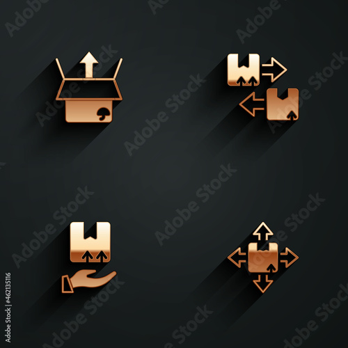 Set Unboxing, Cardboard with traffic symbol, Delivery hand and Carton cardboard icon with long shadow. Vector