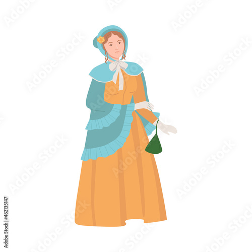 Woman in historical costume. Victorian woman in fashionable clothing cartoon vector illustration