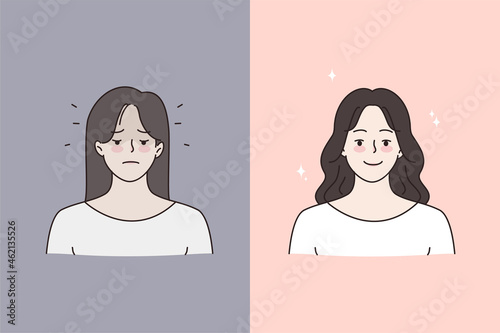 Woman sad before and happy after psychology session. Young female recovered after depression or nervous breakdown. Mental health concept. Makeup and beauty. Flat vector illustration.