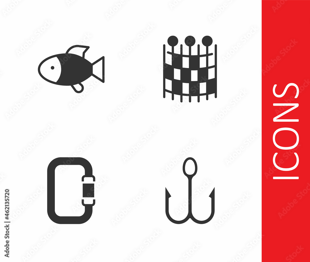 Set Fishing hook, Carabiner and net pattern icon. Vector