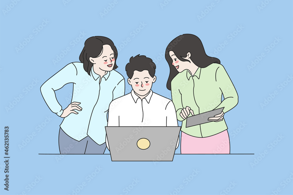Diverse businesspeople work cooperate together on laptop at meeting in office. Colleagues coworkers use computer technology for online project, brainstorm in group. Teamwork. Vector illustration. Diverse businesspeople work cooperate together on laptop at meeting in office. Colleagues coworkers use computer technology for online project, brainstorm in group. Teamwork. Vector illustration.