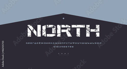 Stencil-plate cyrillic wide sans serif font in military style