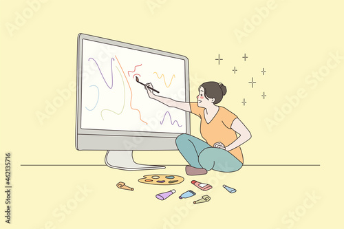 Woman artist relax paint online on computer screen work distant from home. Smiling girl painter drawing on PC, design or create art on internet. Hobby, artistic activity. Flat vector illustration.