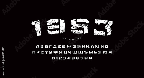 Stencil-plate sans serif font in the style of hand drawn graphic