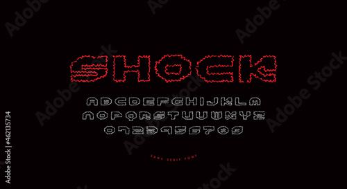 Wide hollow sans serif font in the style of hand drawn graphic