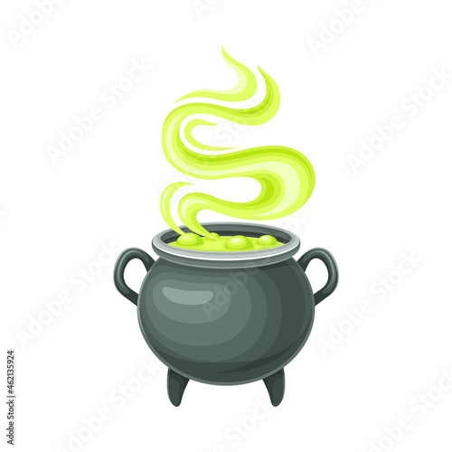 Witch cauldron with bubbling green potion. Magic object cartoon vector illustration