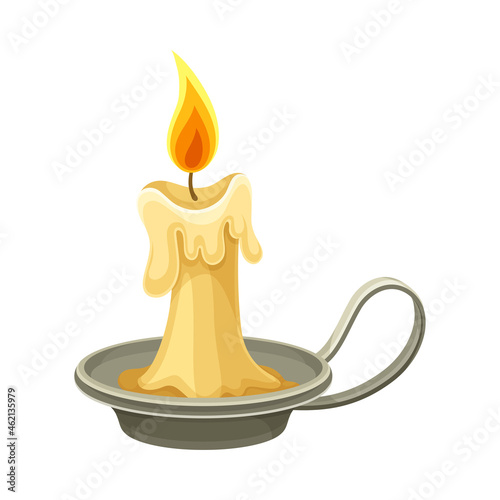 Burning wax candle on candlestick. Magic object cartoon vector illustration