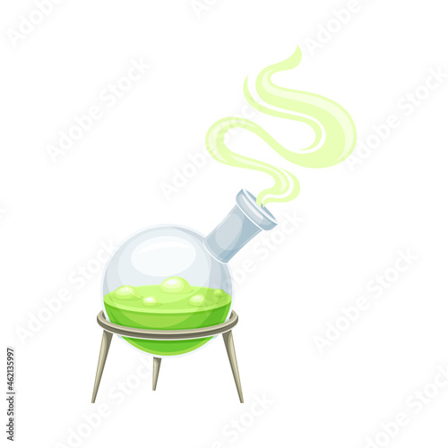 Magic bottle with boiling potion. Flask with green magical elixir cartoon vector illustration