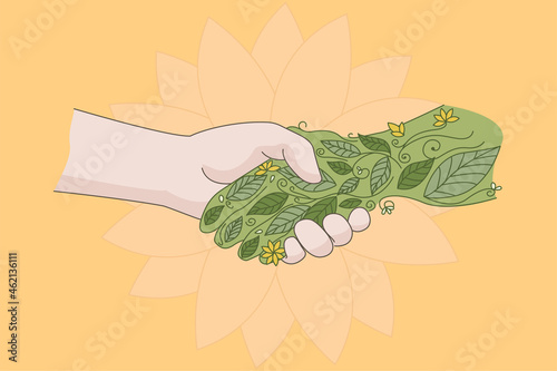 Human handshake green plant show love and care for nature and environment. People celebrate world environmental day. Save planet and earth. Eco friend, activist. Flat vector illustration. 