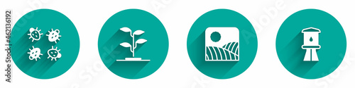 Set Colorado beetle, Sprout, Agriculture wheat field farm and Water tower icon with long shadow. Vector