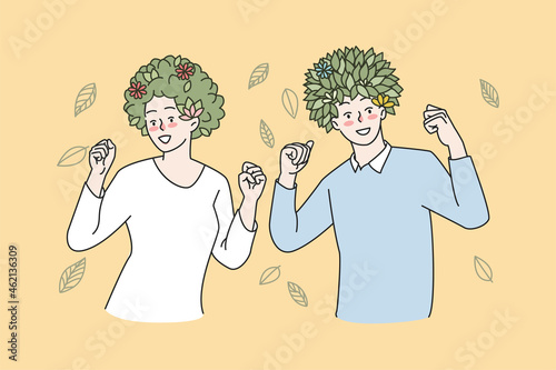 Happy people with green plants on head dance and relax, enjoy stress free life. Smiling overjoyed man and woman think positive. Mental health, self development, psychology. Vector illustration. 
