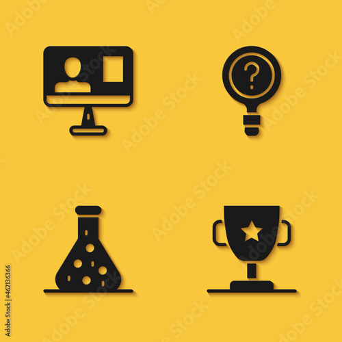 Set Online class, Award cup, Test tube and Unknown search icon with long shadow. Vector