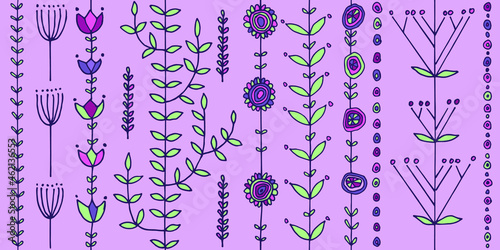 Seamless vector pattern with an ornament of original plants and flowers, vertically directed in violet-green tones