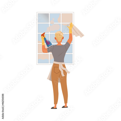 Man washing window at home. Househusband at everyday routine cartoon vector illustration