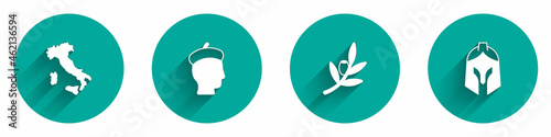 Set Map of Italy, French man, Olives branch and Roman army helmet icon with long shadow. Vector