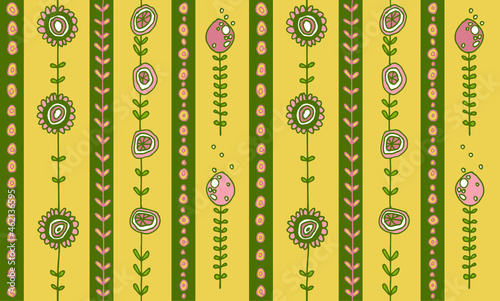 Striped seamless vector pattern with ornaments from original hand-drawn plants and flowers in gentle pastel yellow-green colors