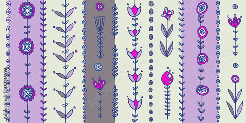 Seamless vector pattern with original plants and flowers vertically directed