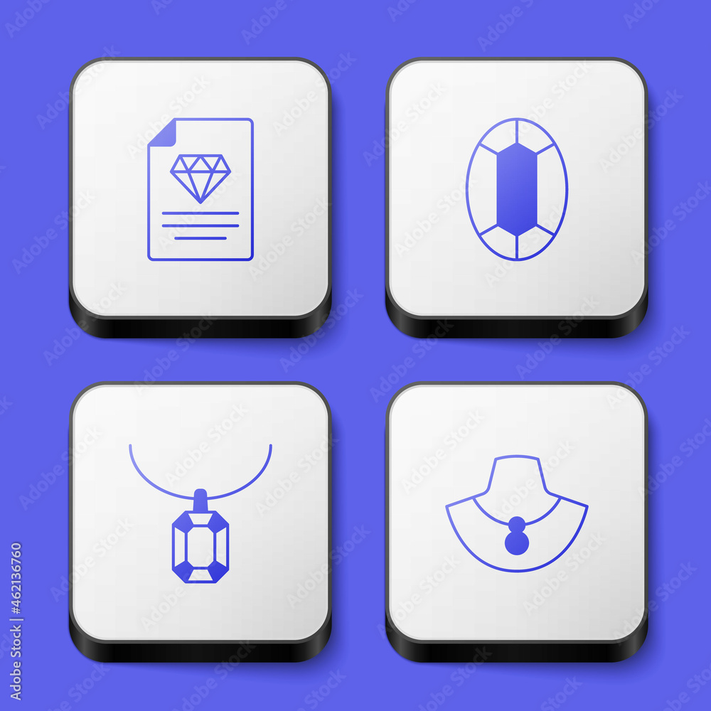 Set Certificate of the diamond, Gem stone, Pendant necklace and Necklace mannequin icon. White square button. Vector Set Certificate of the diamond, Gem stone, Pendant necklace and Necklace mannequin icon. White square button. Vector