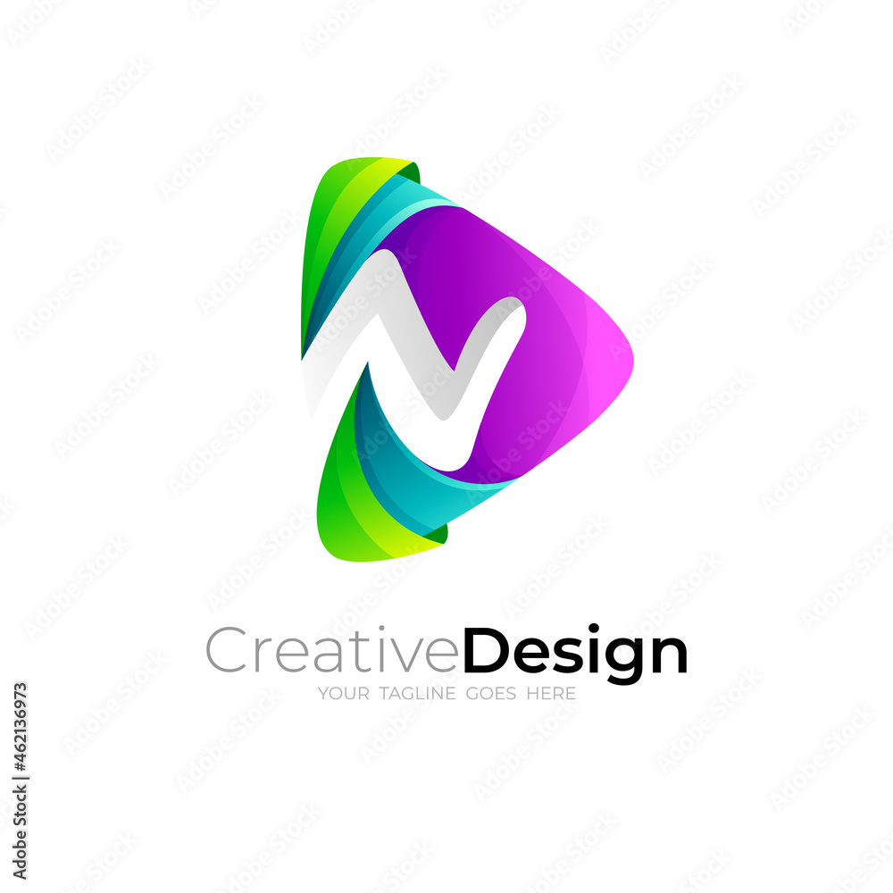 Letter N logo with play design combination, 3d style Letter N logo with play design combination, 3d style