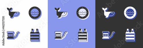 Set Striped sailor t-shirt, Whale, Marine bollard with rope and Ship porthole icon. Vector