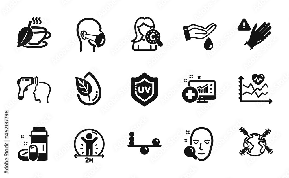 Vector set of Cardio training, Organic product and Collagen skin icons simple set. Medical drugs, Use gloves and Electronic thermometer icons. Cardio training simple web symbol. Vector