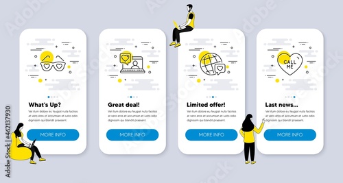 Vector Set of Love icons related to Love glasses, World brand and Friends chat icons. UI phone app screens with people. Call me line symbols. Spectacles with hearts, Love. Phone UI banners. Vector