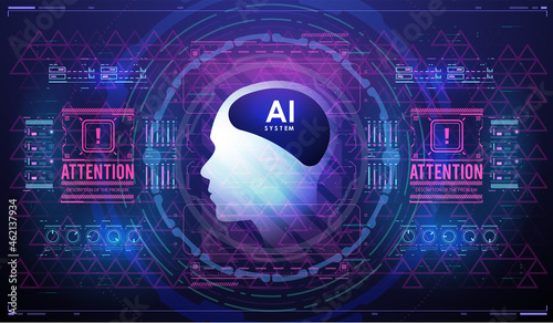 Futuristic design of an Artificial Intelligence brain with futuristic hud elements. AI and technology concept. Abstract glowing colorful digital brain with circuit background.