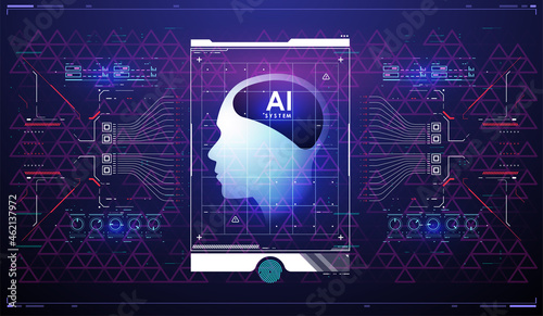 AI and technology concept. Abstract glowing colorful digital brain with circuit background. Futuristic design of an Artificial Intelligence brain with futuristic hud elements.