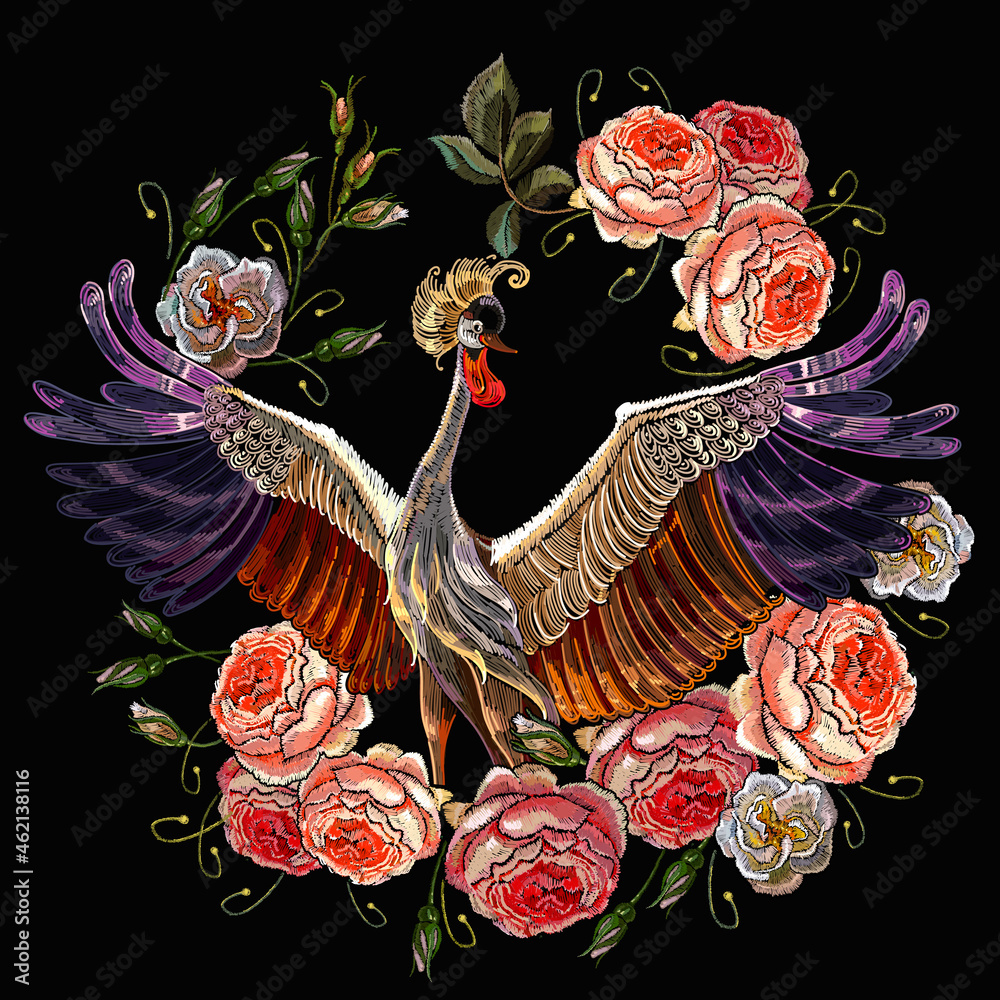 Fototapeta premium Embroidery crane bird and ring of roses flowers. Template for design of clothes, tapestry. Fashion spring garden style