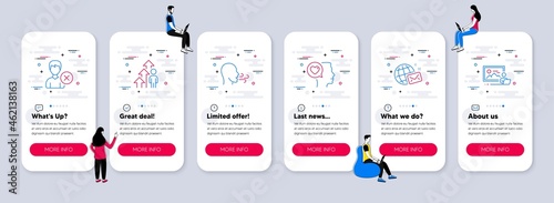 Vector Set of People icons related to Employee result, World mail and Breathing exercise icons. UI phone app screens with teamwork. Remove account, Romantic talk and Photo studio line symbols. Vector