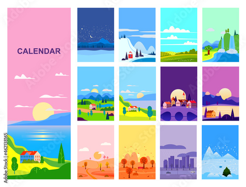 Calendar landscape natural backgrounds of four seasons. Set 12 minimalistic cartoon flat design seasons background