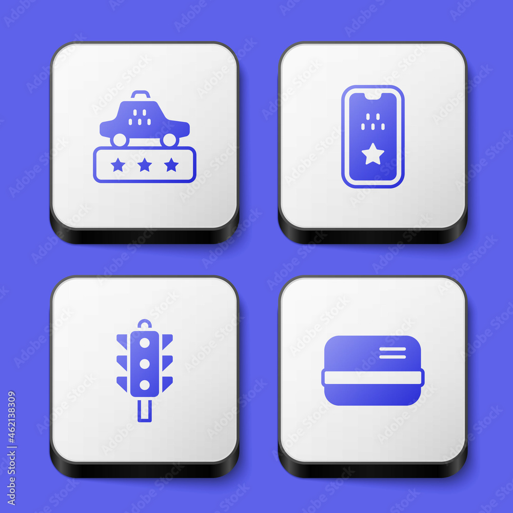 Set Taxi service rating, mobile app, Traffic light and Credit card icon. White square button. Vector Set Taxi service rating, mobile app, Traffic light and Credit card icon. White square button. Vector