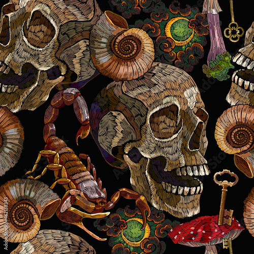 Embroidery style. Halloween background. Ammonite fossil, moon, scorpion, golden keys and skull. Dark gothic fairy tale concept. Template for clothes, print. Seamless pattern