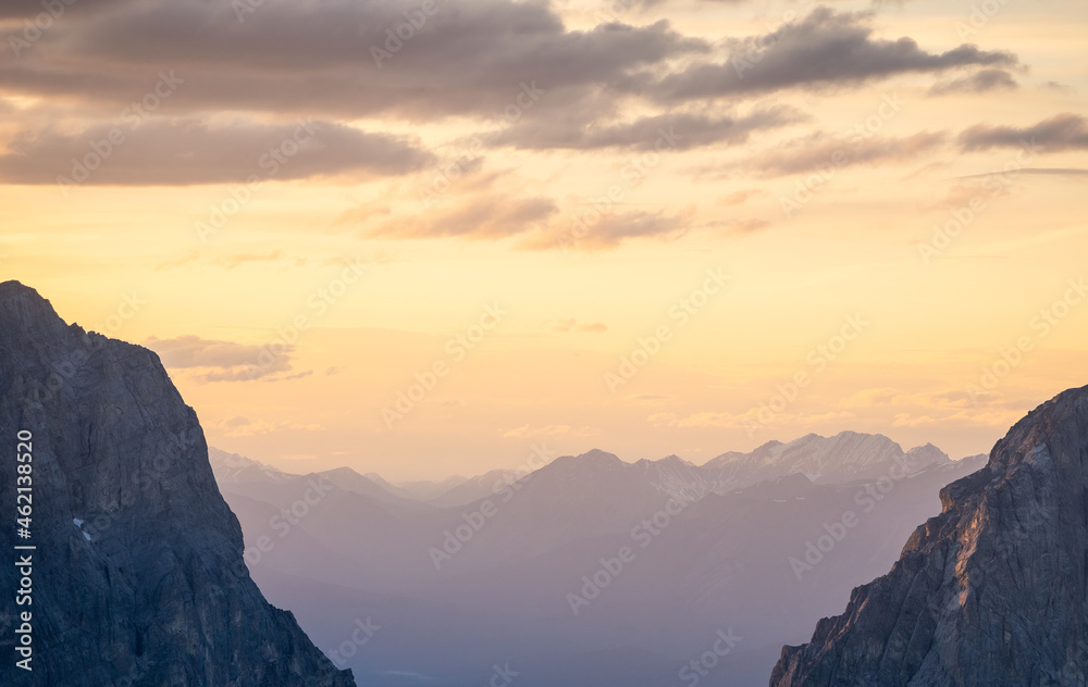 Colourful sunset sky above mountain range in Canadian Rockies,Rimwall Summit,Canada