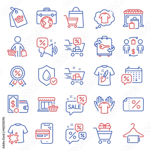 Fashion icons set. Included icon as Discounts cart, Dirty t-shirt, Sale bags signs. Buying process, Market, T-shirt design symbols. Shopping trolley, Sale tag, Online shopping. Marketplace. Vector